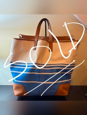 Coach Legacy Nautical Blue Stripe Canvas Tote w/Clear Pouch Set Style 22906